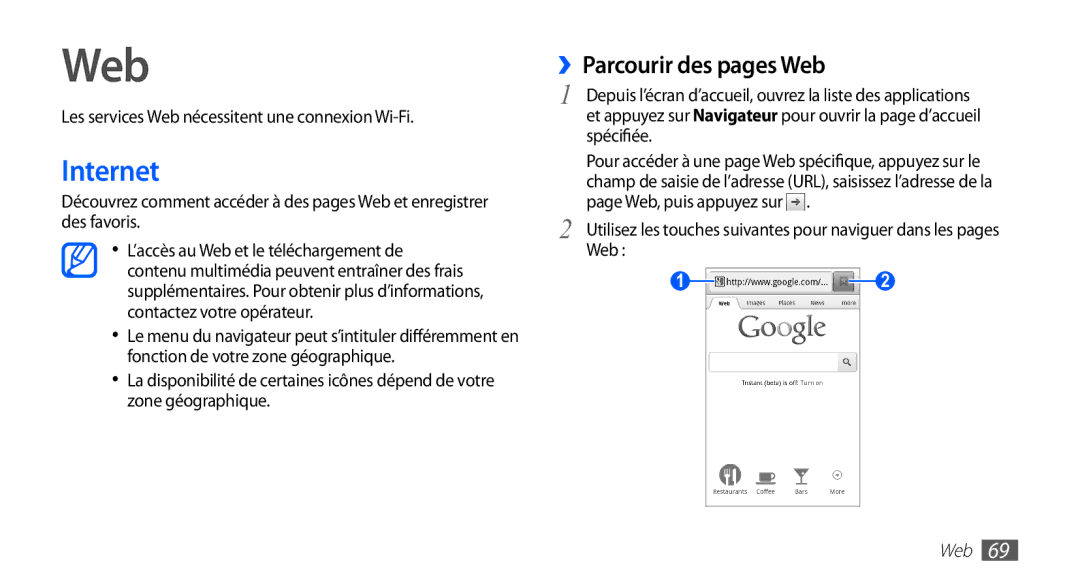 Samsung YP-G1EW/XEF, YP-G1CW/XEF Internet, ››Parcourir des pages Web, Les services Web nécessitent une connexion Wi-Fi 