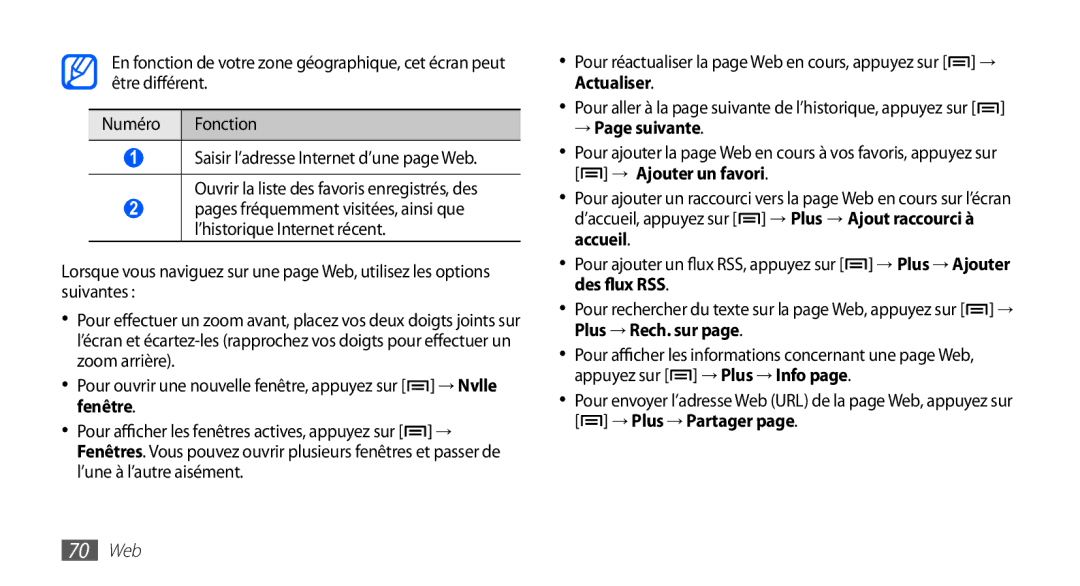 Samsung YP-G1CW/XEF, YP-G1EW/XEF manual → Page suivante, 70 Web 