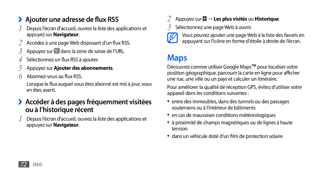 Samsung YP-G1CW/XEF, YP-G1EW/XEF manual Maps, ››Ajouter une adresse de flux RSS, Appuyez sur Ajouter des abonnements, 72 Web 