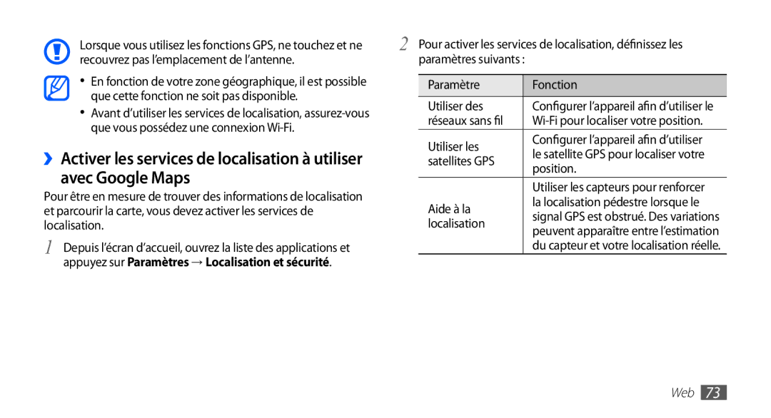 Samsung YP-G1EW/XEF, YP-G1CW/XEF manual Avec Google Maps, Appuyez sur Paramètres → Localisation et sécurité 