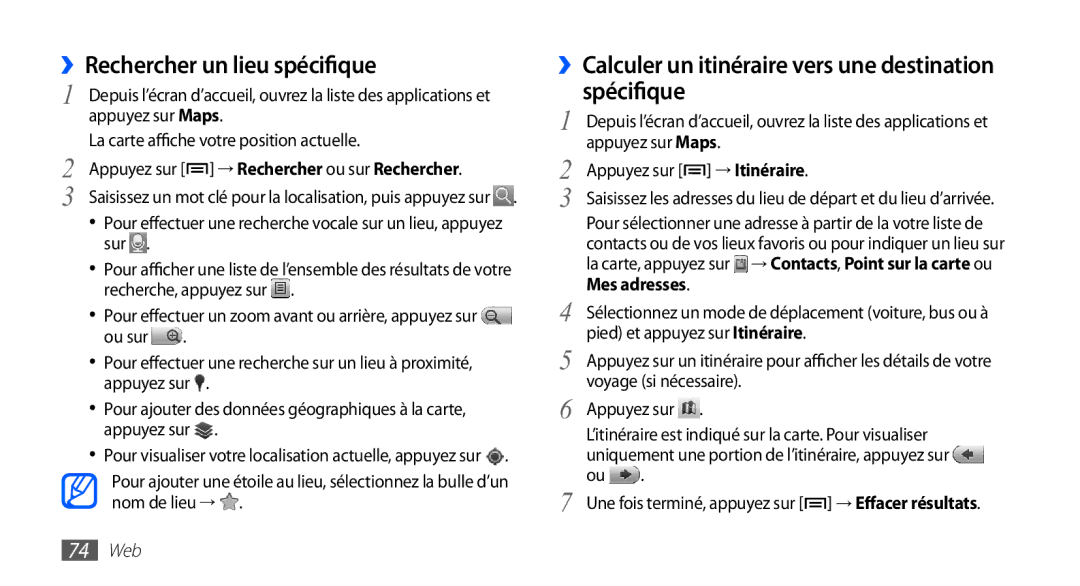 Samsung YP-G1CW/XEF ››Rechercher un lieu spécifique, ››Calculer un itinéraire vers une destination spécifique, 74 Web 