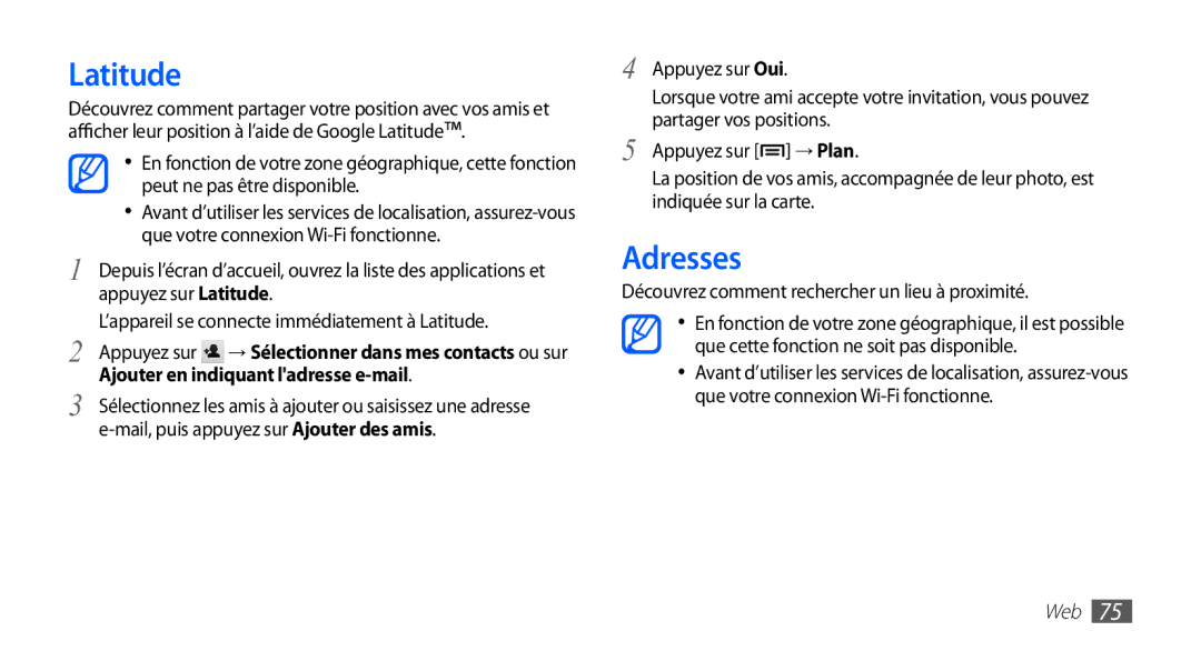 Samsung YP-G1EW/XEF, YP-G1CW/XEF manual Latitude, Adresses, Découvrez comment rechercher un lieu à proximité 