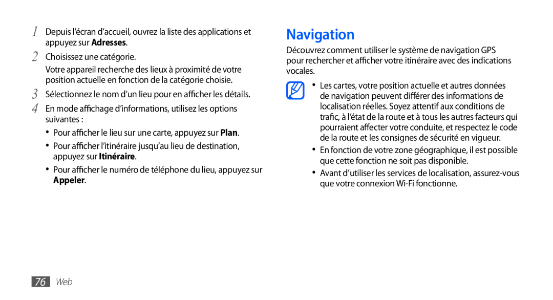 Samsung YP-G1CW/XEF, YP-G1EW/XEF manual Navigation, Appeler, 76 Web 