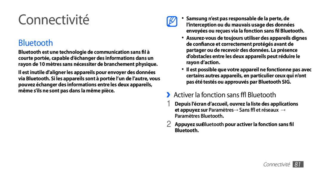 Samsung YP-G1EW/XEF, YP-G1CW/XEF manual Connectivité, ››Activer la fonction sans fil Bluetooth, Paramètres Bluetooth 