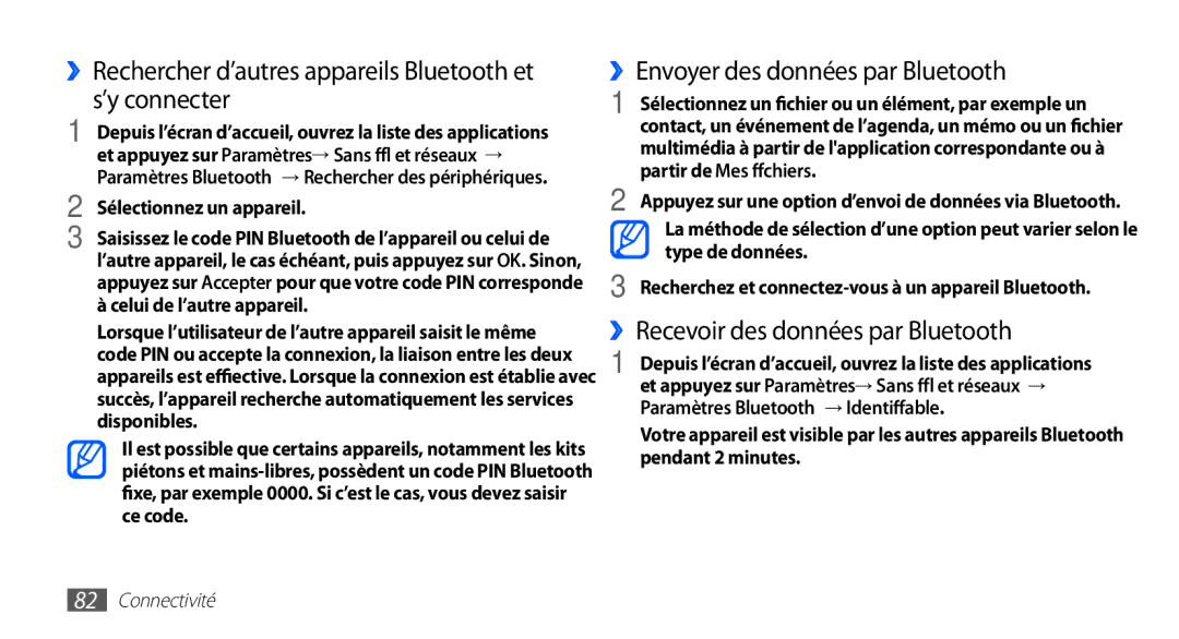 Samsung YP-G1CW/XEF manual ››Rechercher d’autres appareils Bluetooth et s’y connecter, ››Envoyer des données par Bluetooth 