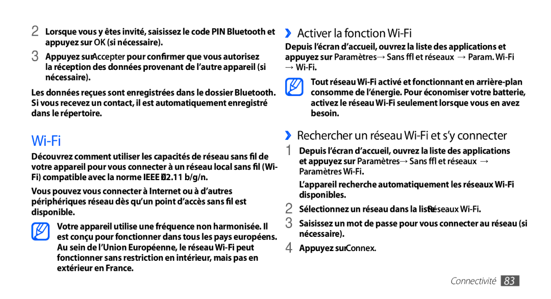 Samsung YP-G1EW/XEF, YP-G1CW/XEF manual ››Activer la fonction Wi-Fi, → Wi-Fi 