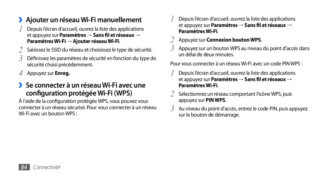 Samsung YP-G1CW/XEF, YP-G1EW/XEF ››Ajouter un réseau Wi-Fi manuellement, Sécurité choisi précédemment Appuyez sur Enreg 