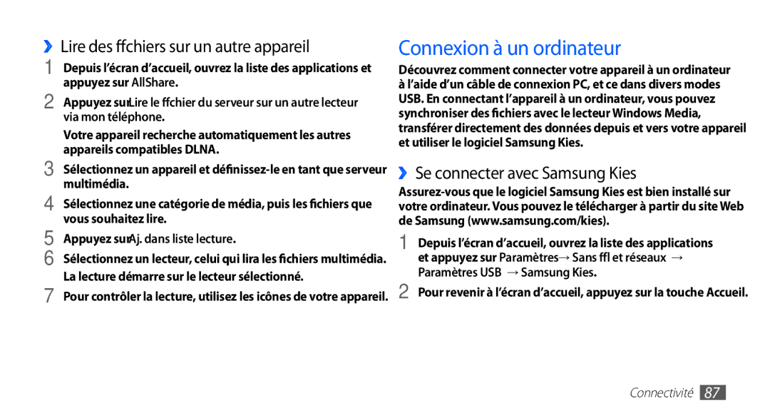 Samsung YP-G1EW/XEF Connexion à un ordinateur, ››Lire des fichiers sur un autre appareil, ››Se connecter avec Samsung Kies 