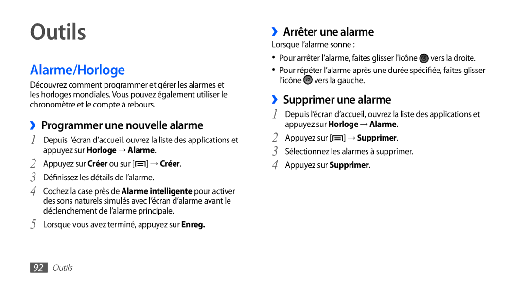 Samsung YP-G1CW/XEF Outils, Alarme/Horloge, ››Programmer une nouvelle alarme, ››Arrêter une alarme, ››Supprimer une alarme 