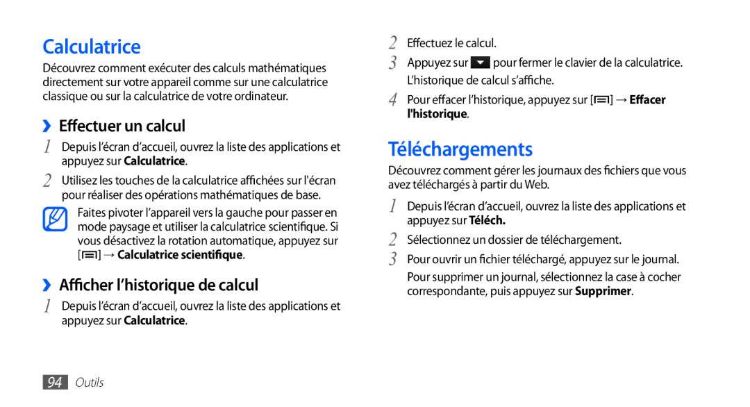 Samsung YP-G1CW/XEF, YP-G1EW/XEF Calculatrice, Téléchargements, ››Effectuer un calcul, ››Afficher l’historique de calcul 