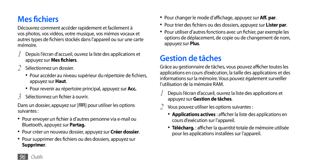 Samsung YP-G1CW/XEF, YP-G1EW/XEF manual Mes fichiers, Gestion de tâches 