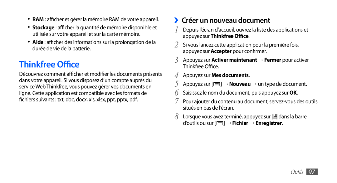 Samsung YP-G1EW/XEF, YP-G1CW/XEF manual ››Créer un nouveau document, Appuyez sur Thinkfree Office 