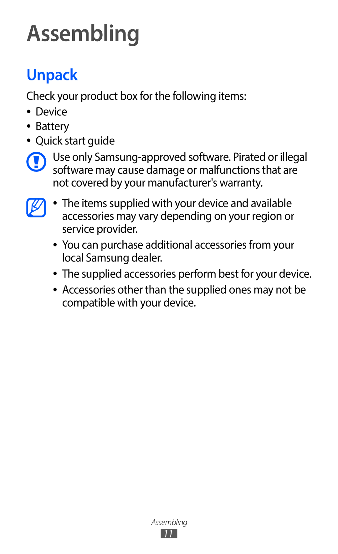 Samsung YP-GI1CW/ROM, YP-G1CW/XEF, YP-GI1EW/XEF, YP-GI1CW/XEF, YP-G1CW/XEG, YP-GI1CW/XEG, YP-GI1CW/XET manual Assembling, Unpack 