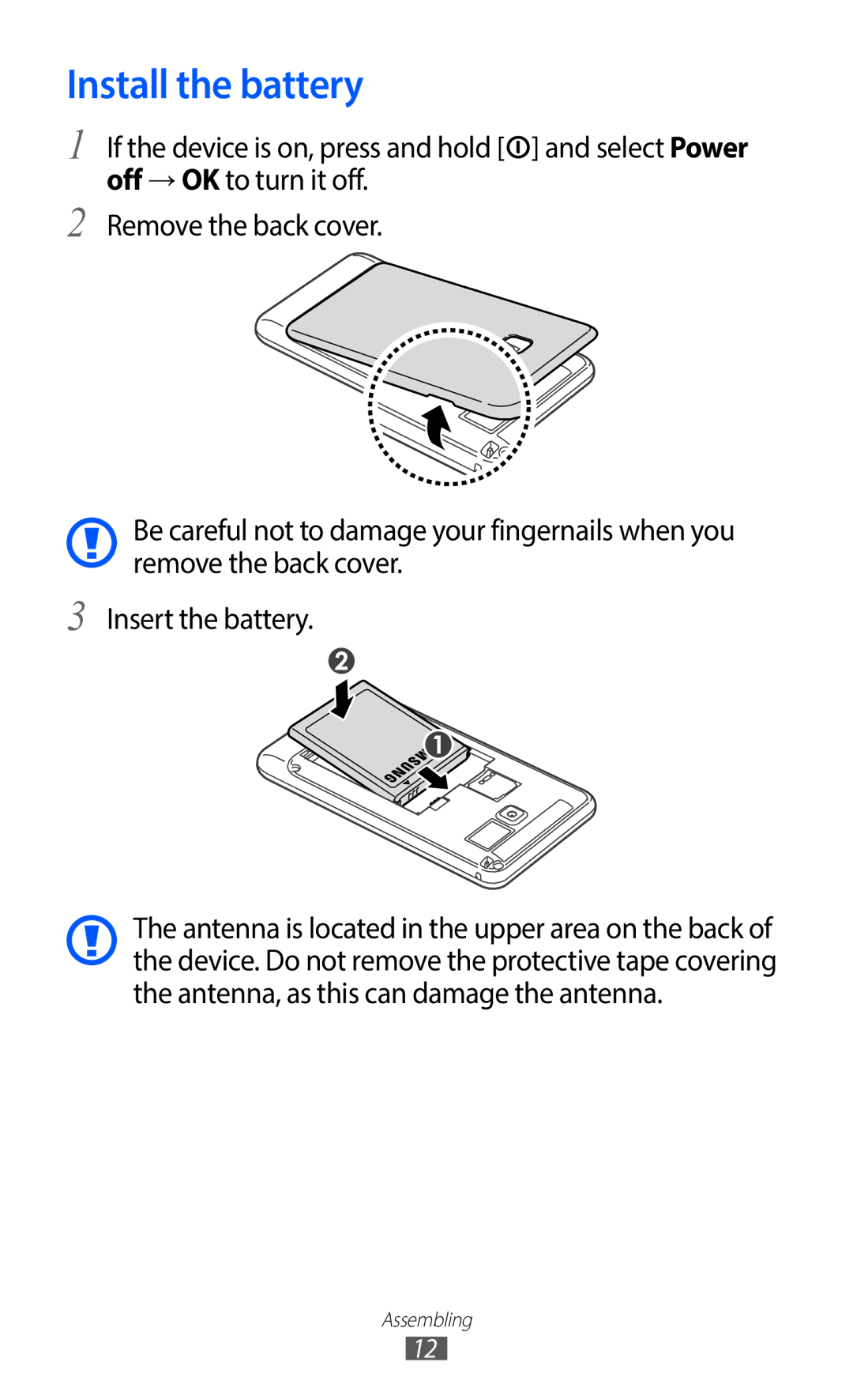 Samsung YP-GI1CW/TRA, YP-G1CW/XEF, YP-GI1EW/XEF, YP-GI1CW/XEF, YP-G1CW/XEG, YP-GI1CW/XEG, YP-GI1CW/XET manual Install the battery 