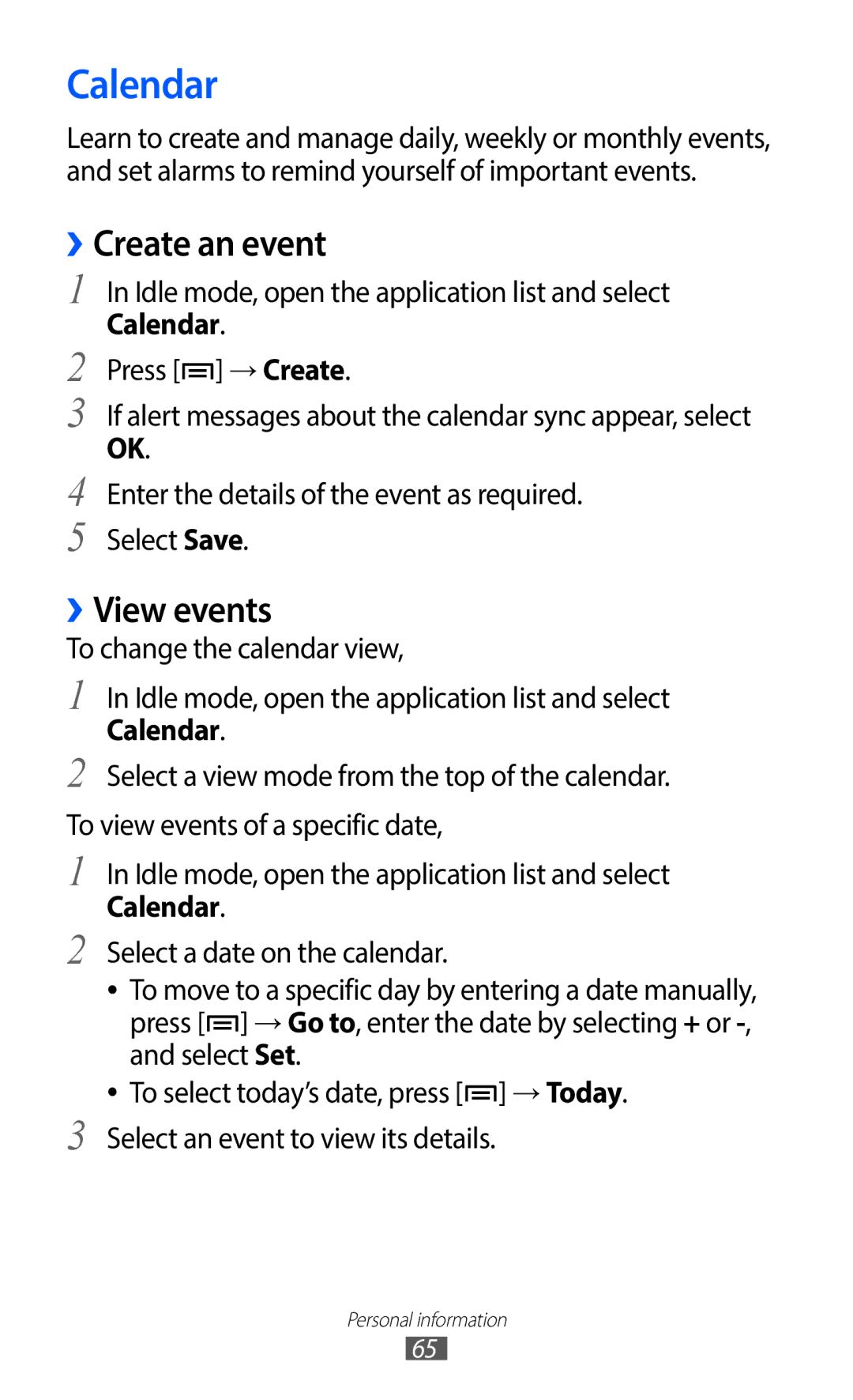 Samsung YP-GI1CW/XEF, YP-G1CW/XEF, YP-GI1EW/XEF, YP-G1CW/XEG, YP-GI1CW/XEG manual Calendar, ››Create an event, ››View events 