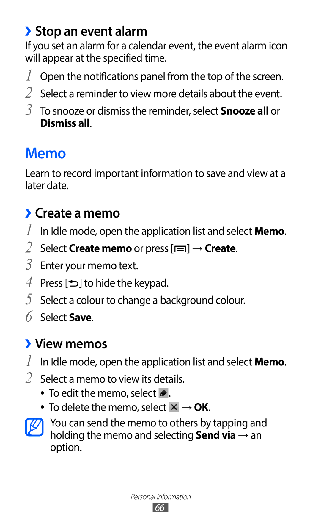 Samsung YP-G1CW/XEG, YP-G1CW/XEF, YP-GI1EW/XEF manual Memo, ››Stop an event alarm, ››Create a memo, ››View memos, Dismiss all 