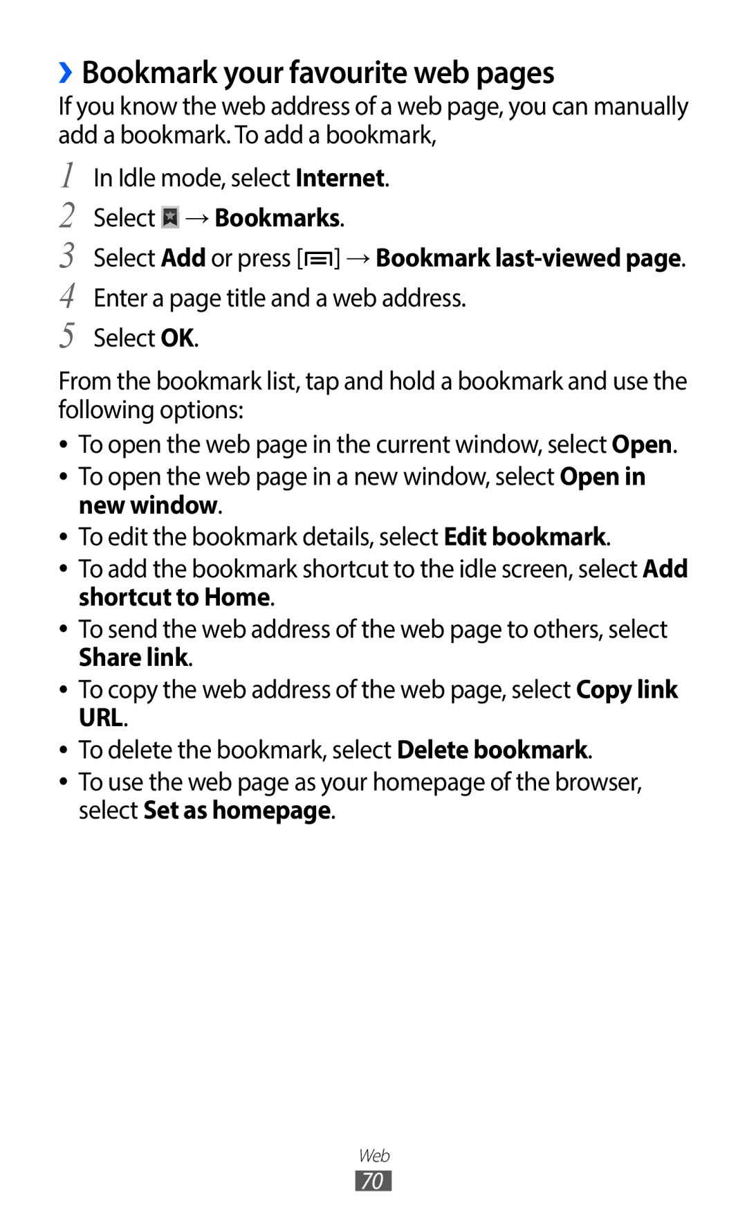 Samsung YP-G1CW/XEE, YP-G1CW/XEF, YP-GI1EW/XEF manual ››Bookmark your favourite web pages, Select → Bookmarks, New window 