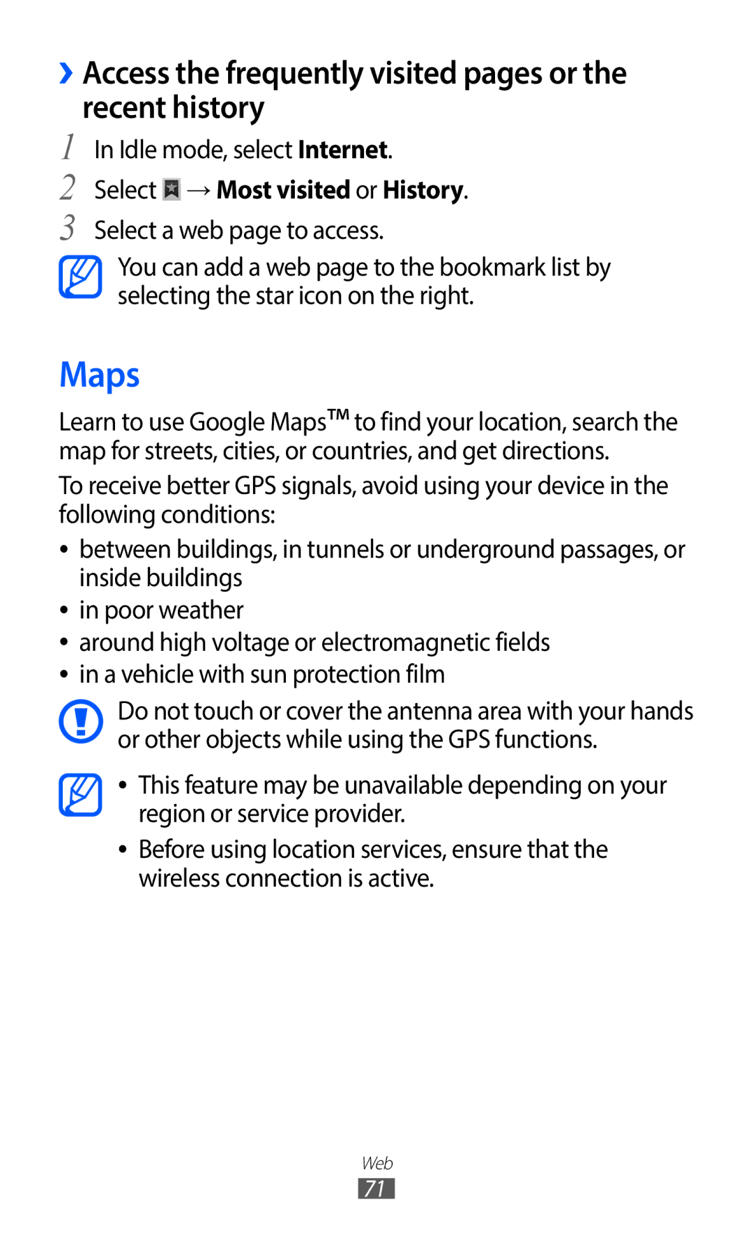 Samsung YP-GI1CW/FOP Maps, ››Access the frequently visited pages or the recent history, Select → Most visited or History 