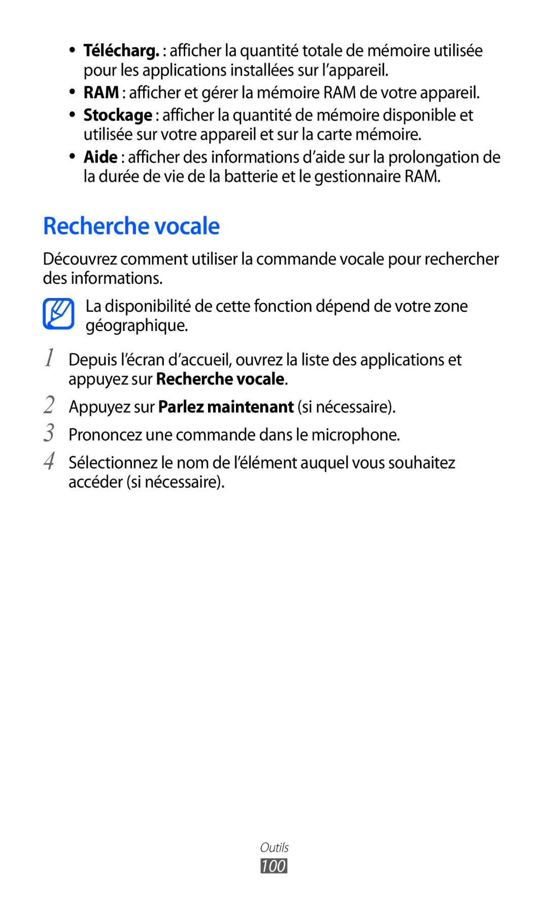 Samsung YP-GI1EW/XEF, YP-G1CW/XEF, YP-GI1CW/XEF manual Recherche vocale, 100 