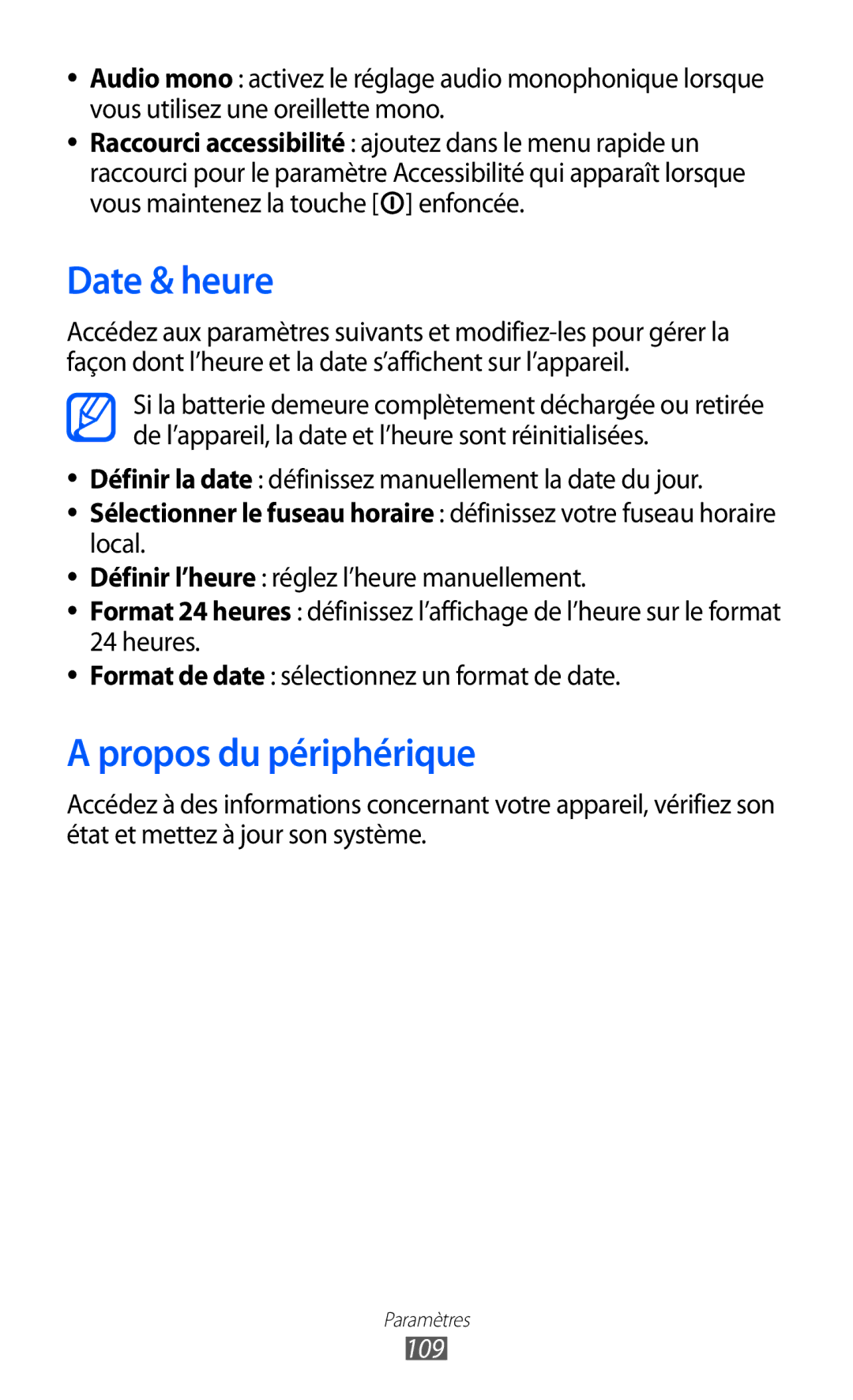 Samsung YP-GI1EW/XEF, YP-G1CW/XEF, YP-GI1CW/XEF manual Date & heure, Propos du périphérique, 109 