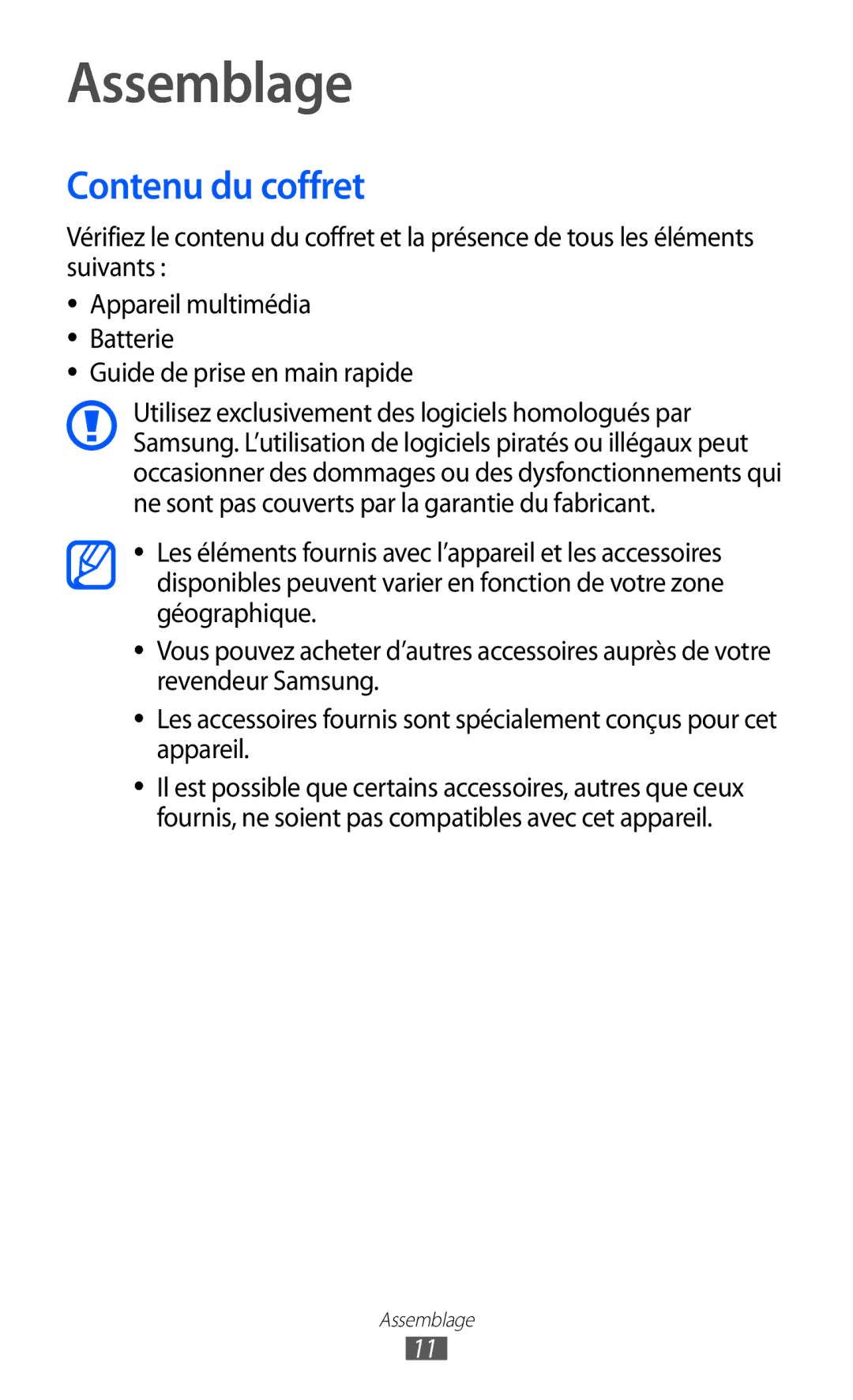 Samsung YP-GI1CW/XEF, YP-G1CW/XEF, YP-GI1EW/XEF manual Assemblage, Contenu du coffret 