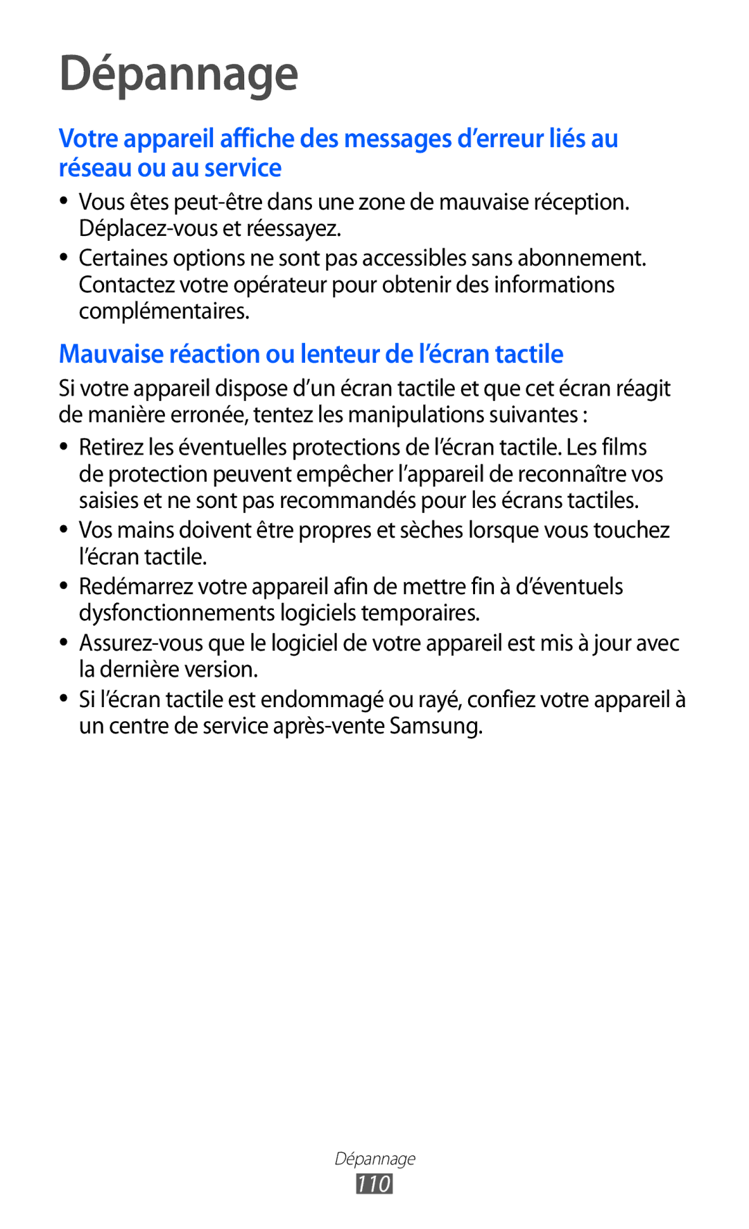 Samsung YP-GI1CW/XEF, YP-G1CW/XEF, YP-GI1EW/XEF manual Dépannage, 110 