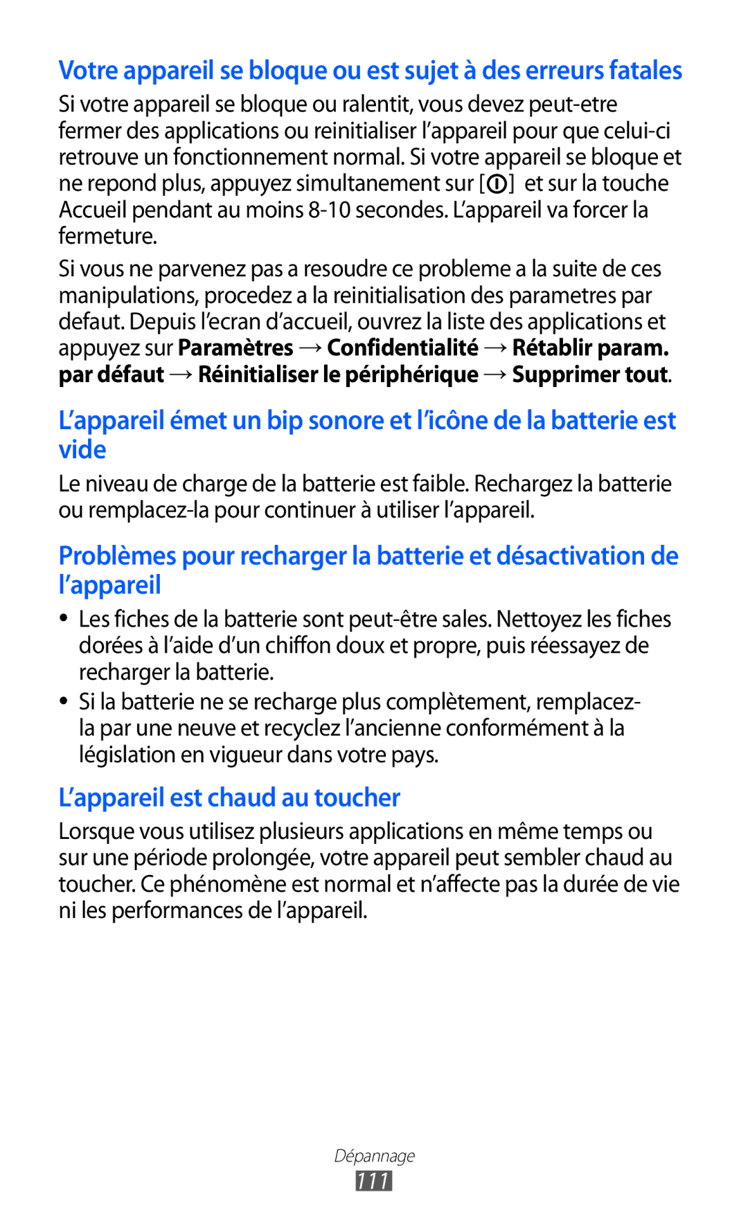 Samsung YP-G1CW/XEF, YP-GI1EW/XEF, YP-GI1CW/XEF manual Votre appareil se bloque ou est sujet à des erreurs fatales, 111 