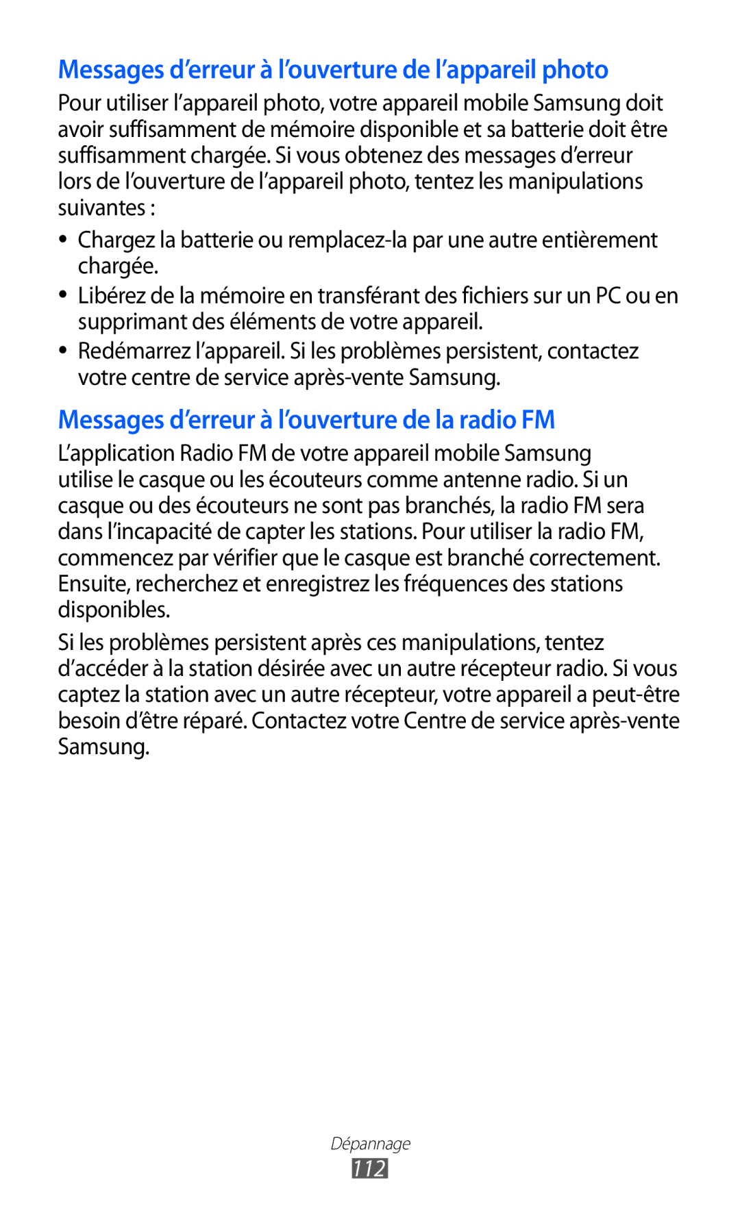 Samsung YP-GI1EW/XEF, YP-G1CW/XEF, YP-GI1CW/XEF manual Messages d’erreur à l’ouverture de l’appareil photo, 112 