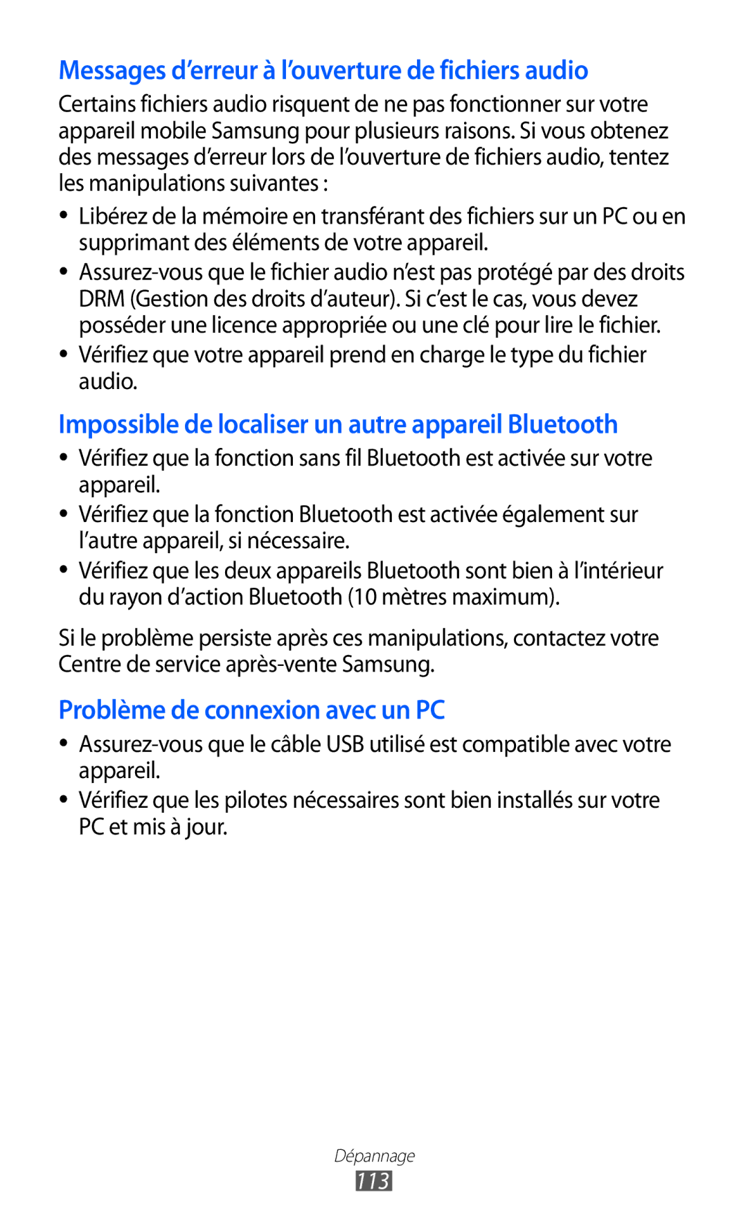 Samsung YP-GI1CW/XEF, YP-G1CW/XEF, YP-GI1EW/XEF manual Messages d’erreur à l’ouverture de fichiers audio, 113 