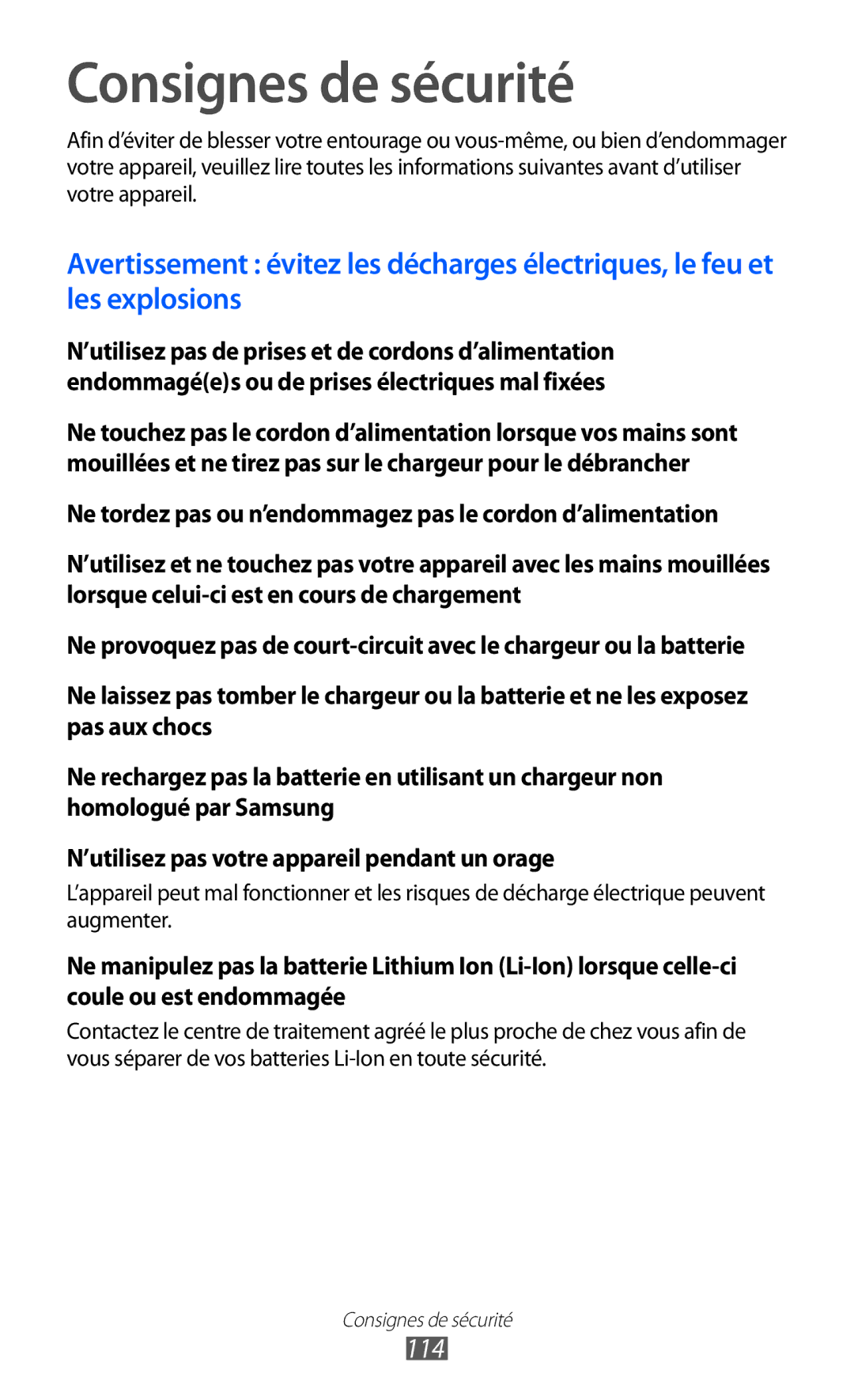 Samsung YP-G1CW/XEF, YP-GI1EW/XEF, YP-GI1CW/XEF manual Consignes de sécurité, 114 