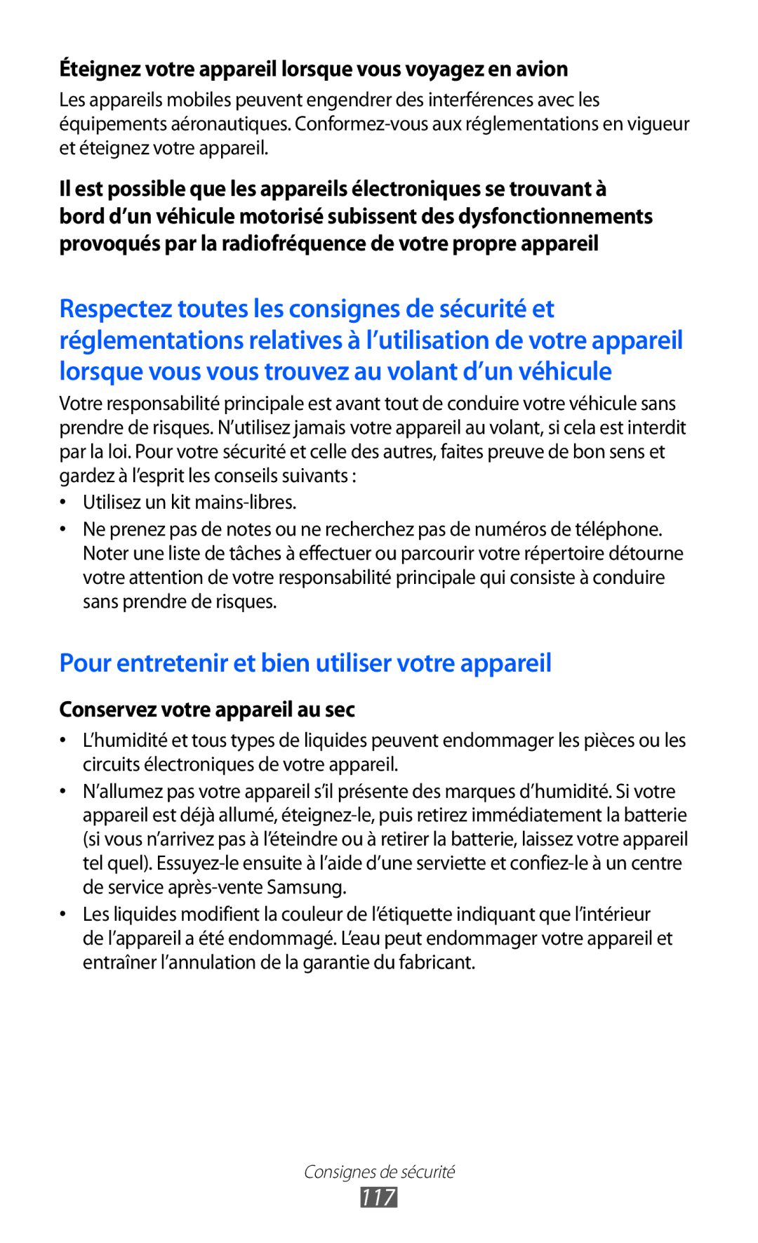 Samsung YP-G1CW/XEF, YP-GI1EW/XEF, YP-GI1CW/XEF manual 117, Éteignez votre appareil lorsque vous voyagez en avion 