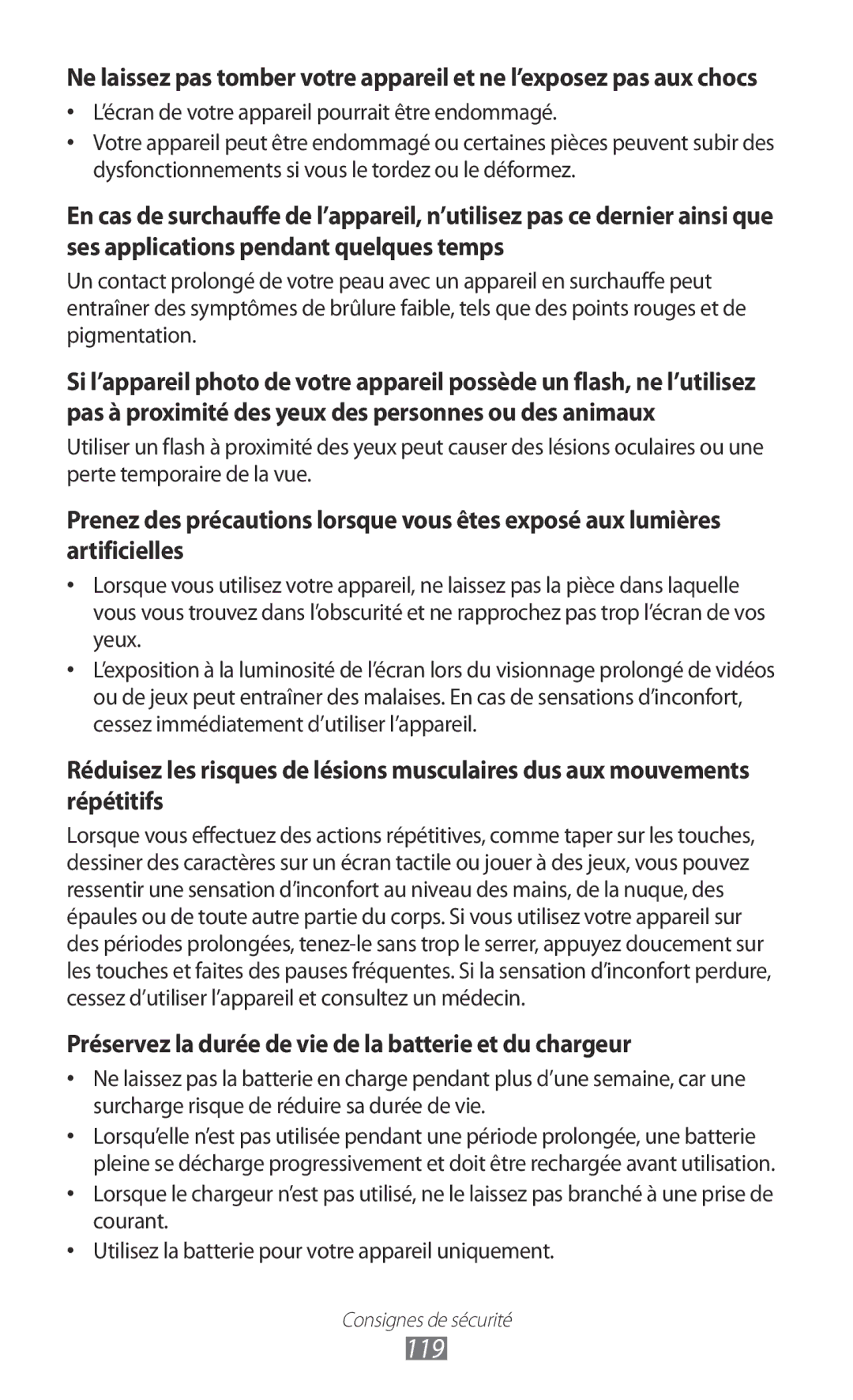 Samsung YP-GI1CW/XEF, YP-G1CW/XEF, YP-GI1EW/XEF manual 119, Préservez la durée de vie de la batterie et du chargeur 