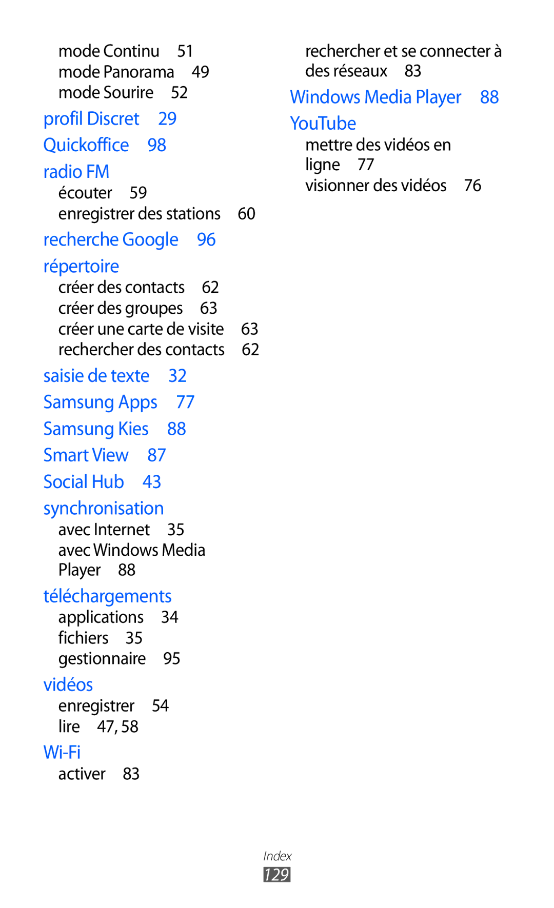 Samsung YP-G1CW/XEF, YP-GI1EW/XEF, YP-GI1CW/XEF manual Répertoire, 129 