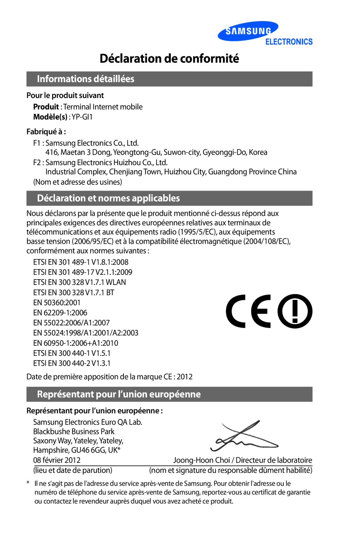 Samsung YP-GI1EW/XEF, YP-G1CW/XEF, YP-GI1CW/XEF manual Déclaration de conformité 