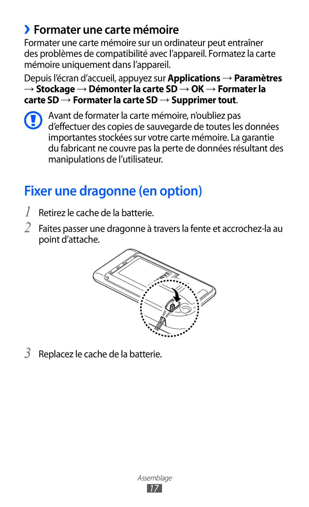 Samsung YP-GI1CW/XEF, YP-G1CW/XEF, YP-GI1EW/XEF manual Fixer une dragonne en option, ››Formater une carte mémoire 