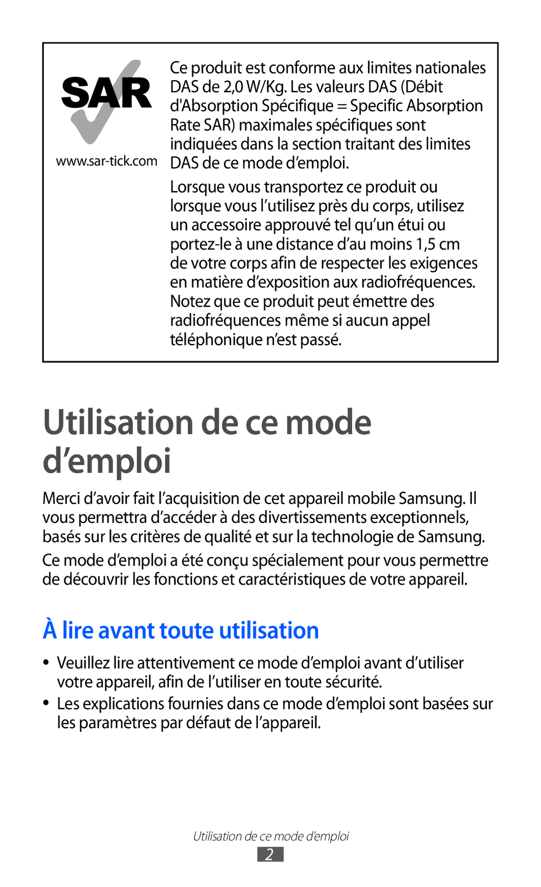 Samsung YP-GI1CW/XEF, YP-G1CW/XEF, YP-GI1EW/XEF manual Utilisation de ce mode d’emploi, Lire avant toute utilisation 