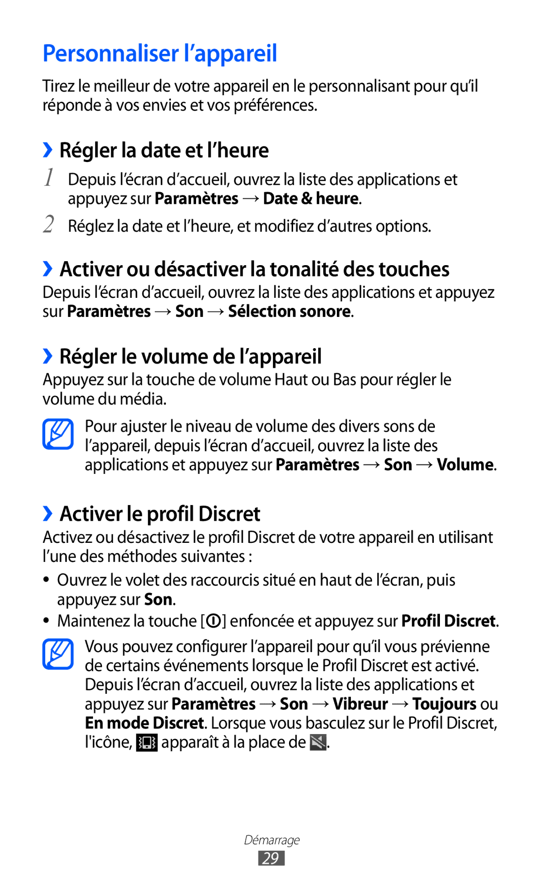 Samsung YP-GI1CW/XEF, YP-G1CW/XEF Personnaliser l’appareil, ››Régler la date et l’heure, ››Régler le volume de l’appareil 