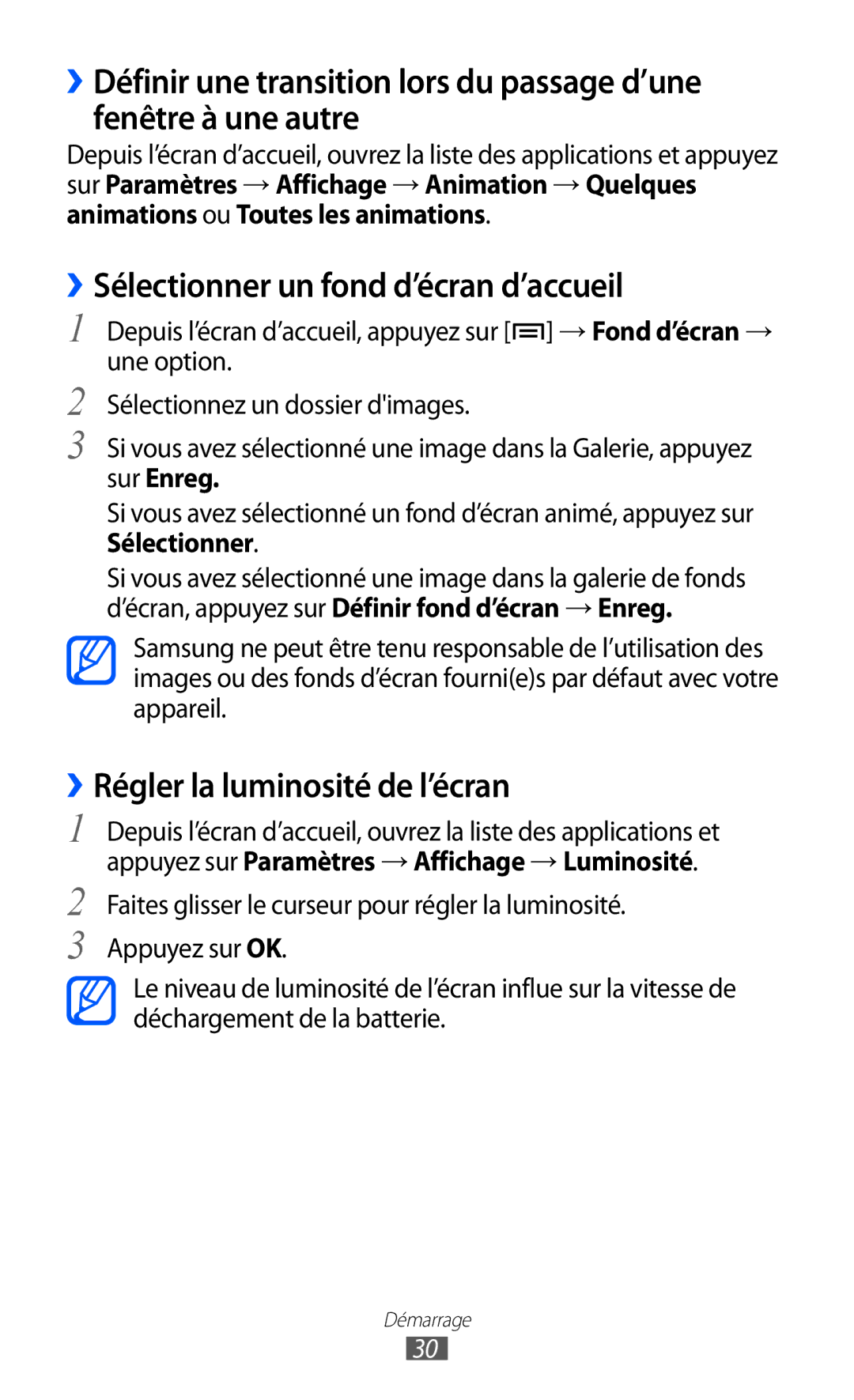 Samsung YP-G1CW/XEF, YP-GI1EW/XEF, YP-GI1CW/XEF ››Sélectionner un fond d’écran d’accueil, ››Régler la luminosité de l’écran 