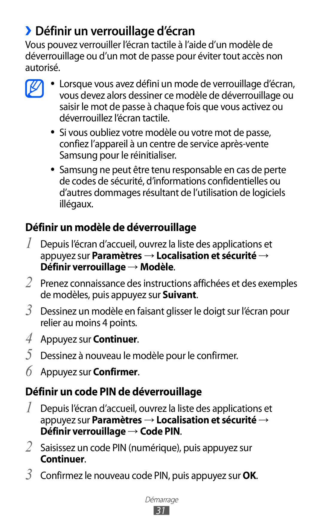 Samsung YP-GI1EW/XEF, YP-G1CW/XEF, YP-GI1CW/XEF manual ››Définir un verrouillage d’écran, Définir un modèle de déverrouillage 