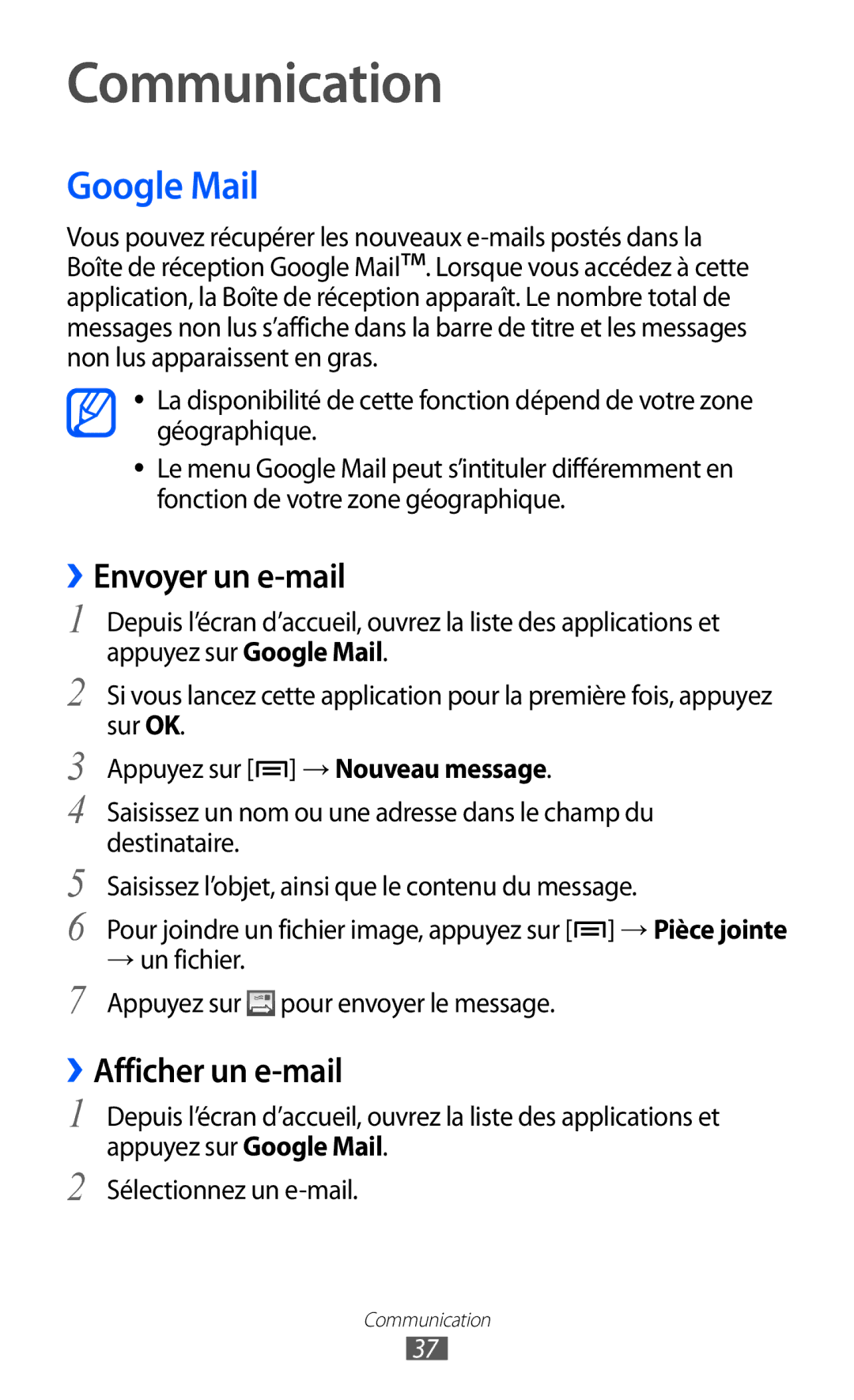 Samsung YP-GI1EW/XEF, YP-G1CW/XEF, YP-GI1CW/XEF manual Communication, Google Mail, ››Envoyer un e-mail, ››Afficher un e-mail 
