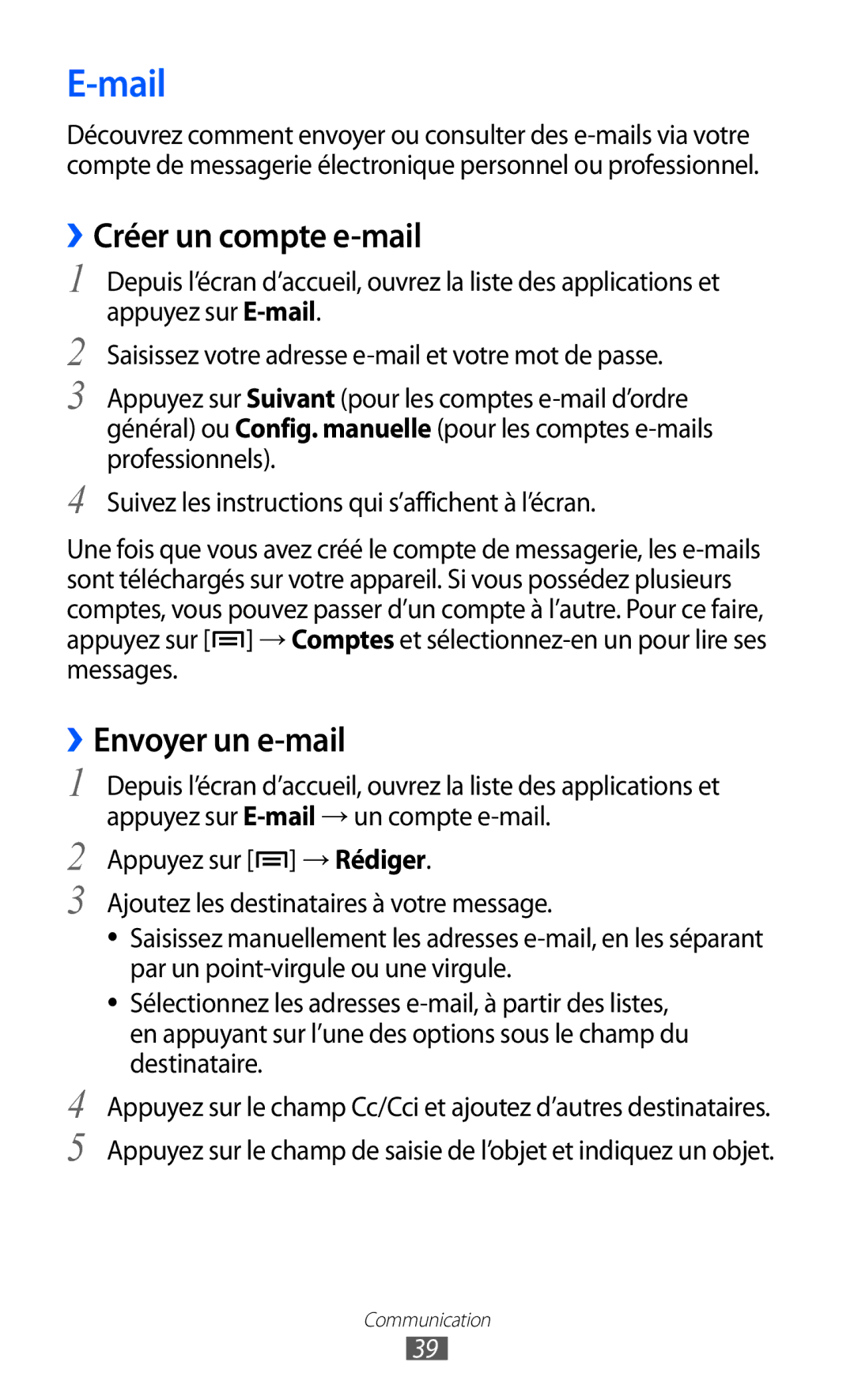 Samsung YP-G1CW/XEF, YP-GI1EW/XEF, YP-GI1CW/XEF manual Mail, ››Créer un compte e-mail 