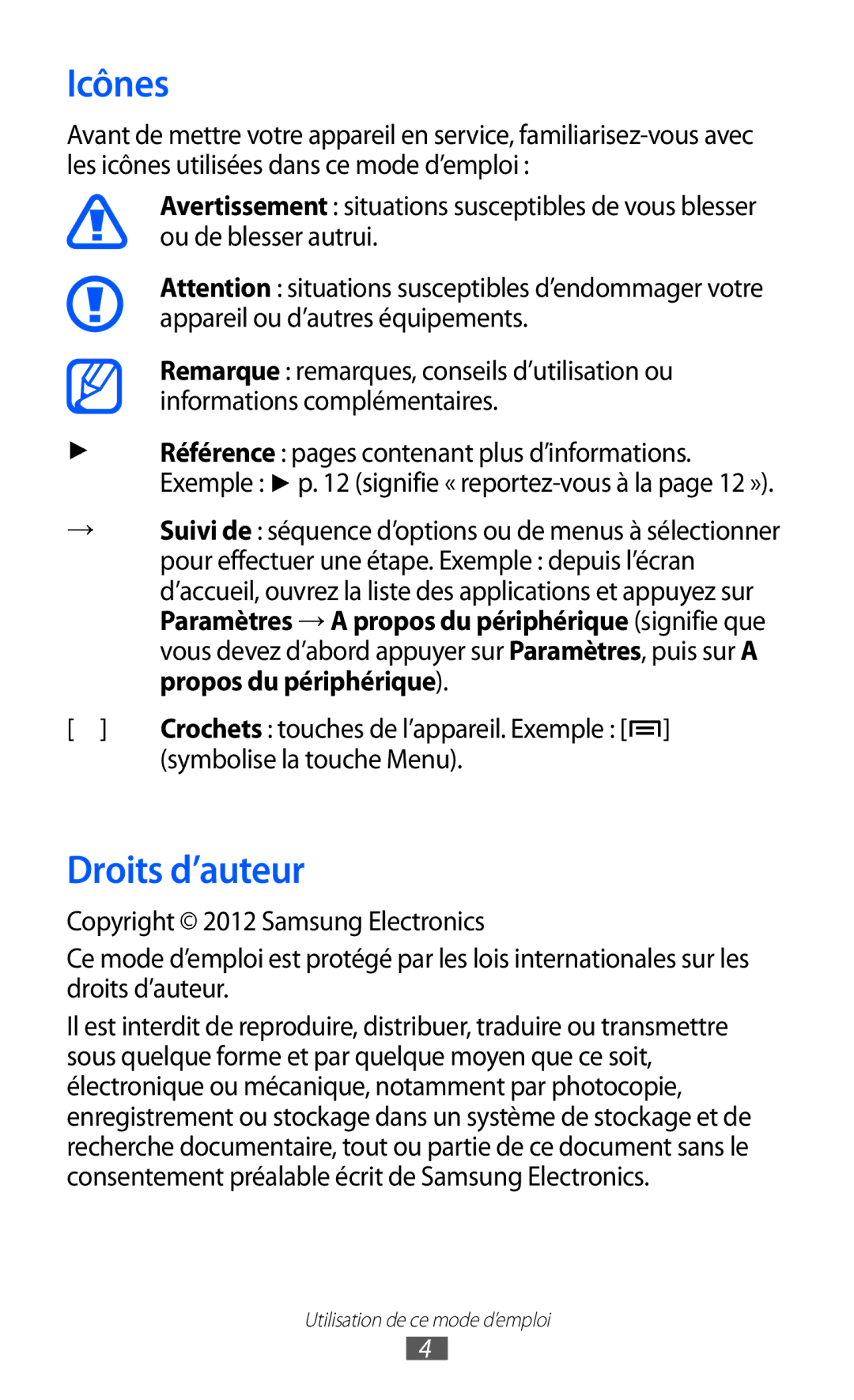 Samsung YP-GI1EW/XEF, YP-G1CW/XEF, YP-GI1CW/XEF manual Icônes, Droits d’auteur 