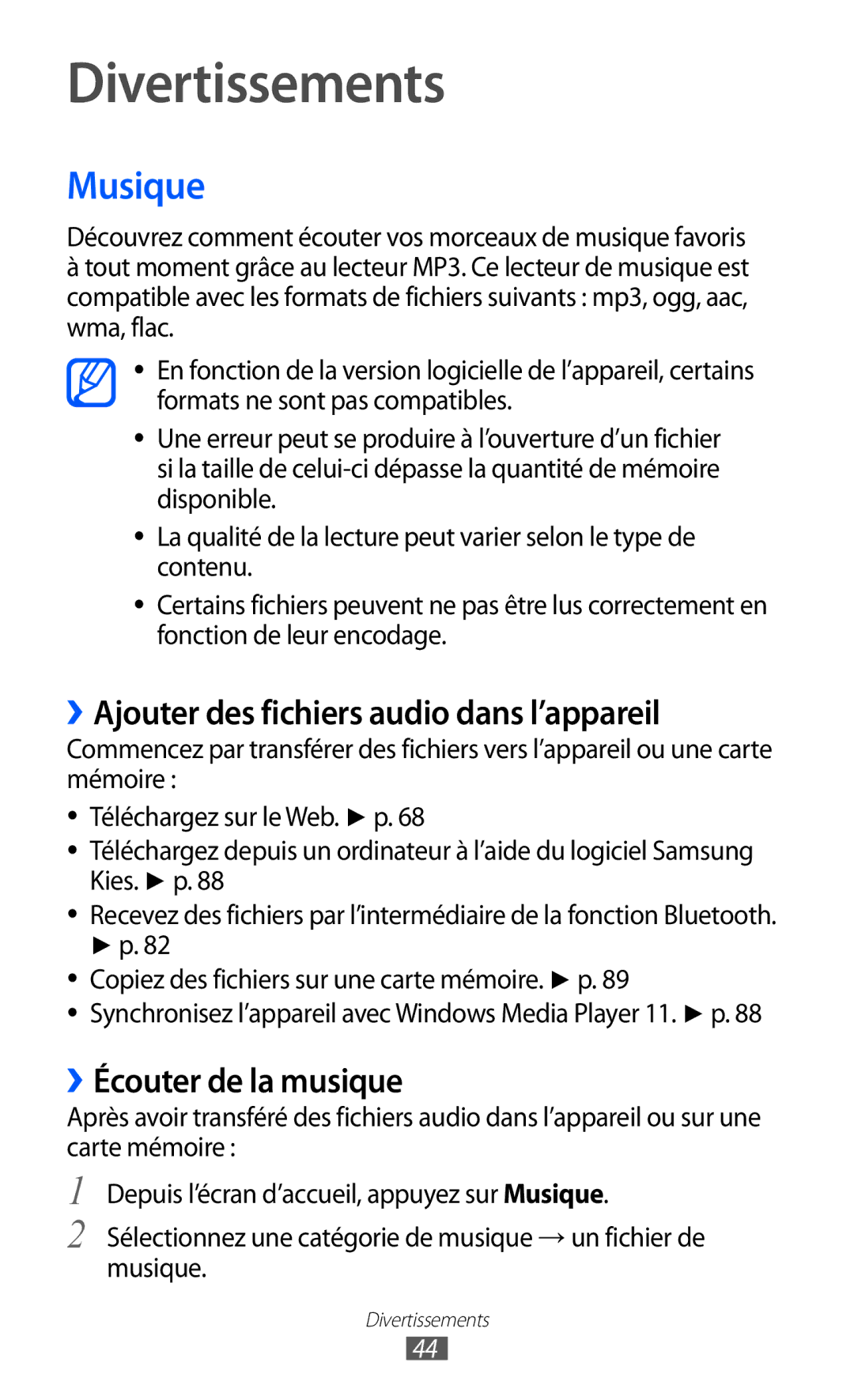 Samsung YP-GI1CW/XEF manual Divertissements, Musique, ››Ajouter des fichiers audio dans l’appareil, ››Écouter de la musique 