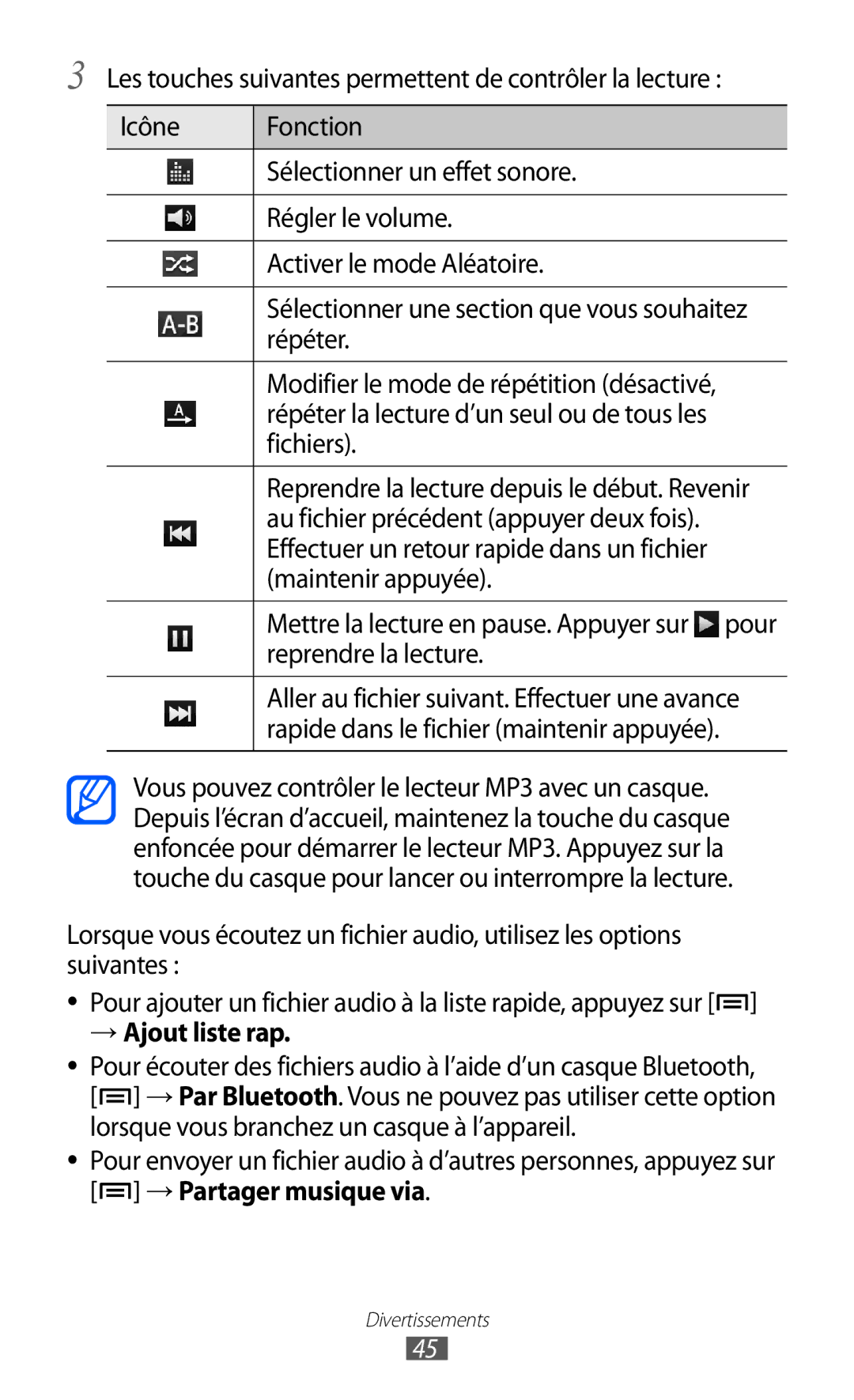 Samsung YP-G1CW/XEF, YP-GI1EW/XEF, YP-GI1CW/XEF manual Rapide dans le fichier maintenir appuyée, → Ajout liste rap 