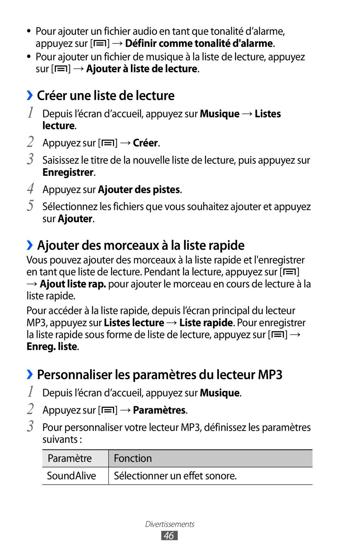 Samsung YP-GI1EW/XEF manual ››Créer une liste de lecture, ››Ajouter des morceaux à la liste rapide, Lecture, Sur Ajouter 