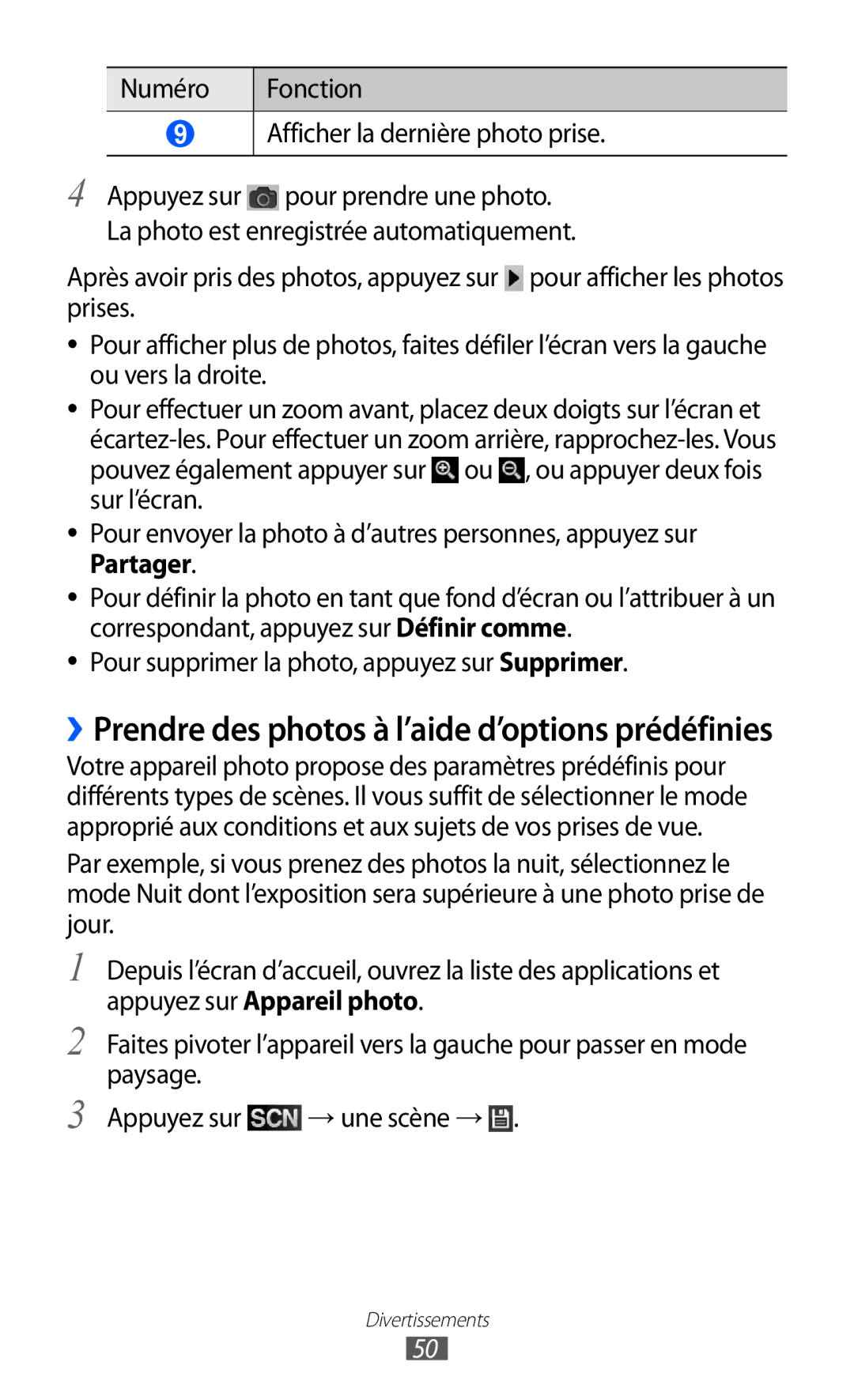 Samsung YP-GI1CW/XEF, YP-G1CW/XEF, YP-GI1EW/XEF manual ››Prendre des photos à l’aide d’options prédéfinies 