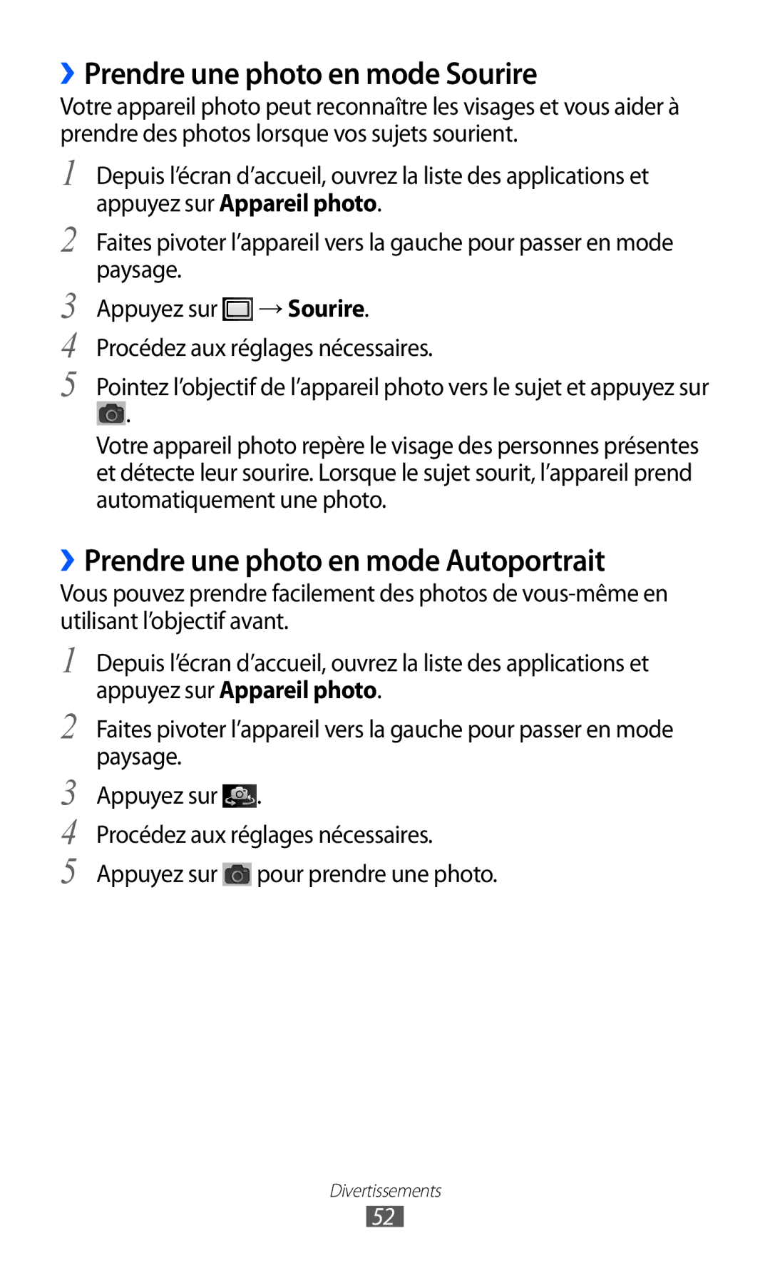 Samsung YP-GI1EW/XEF, YP-G1CW/XEF manual ››Prendre une photo en mode Sourire, ››Prendre une photo en mode Autoportrait 