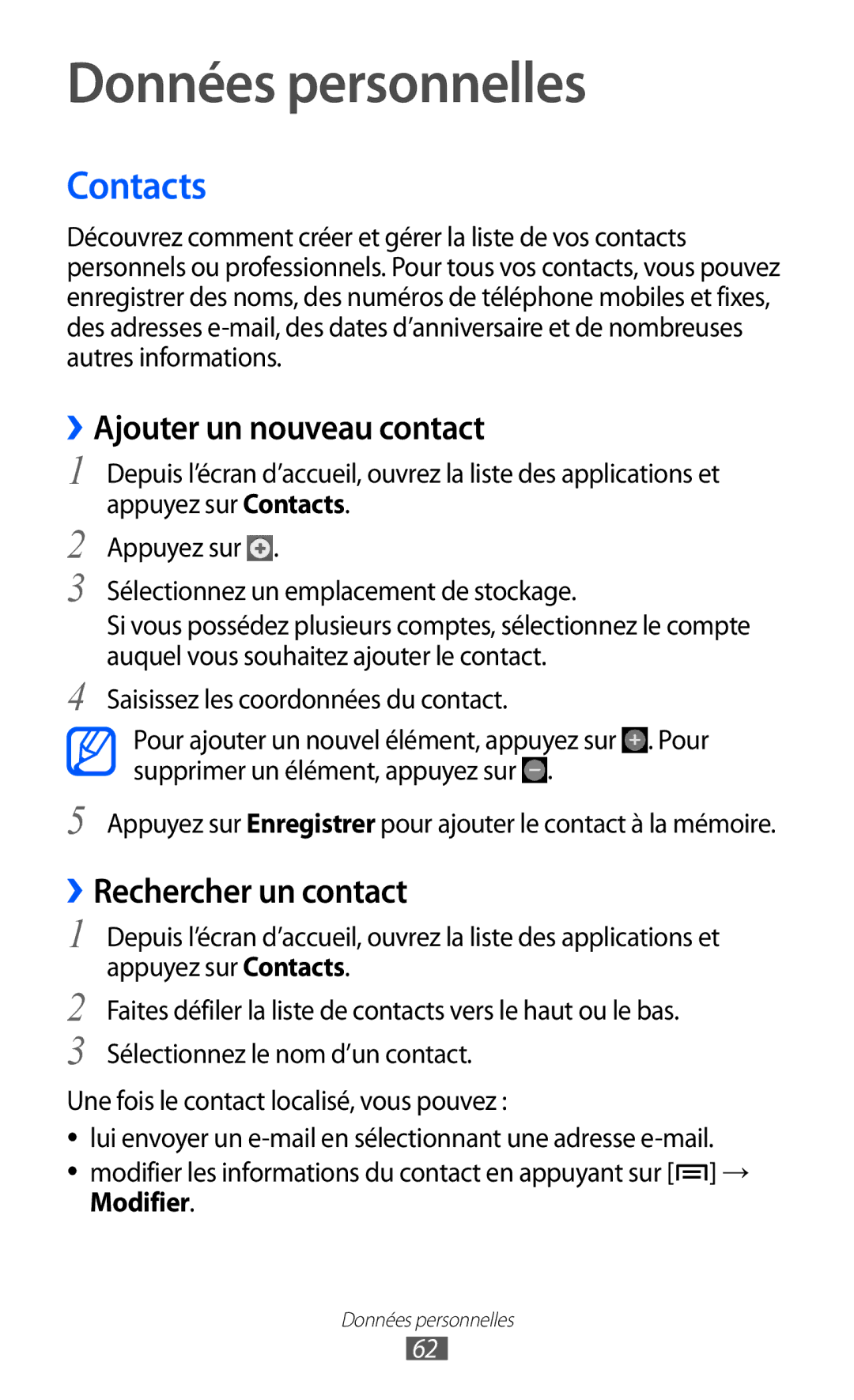 Samsung YP-GI1CW/XEF, YP-G1CW/XEF Données personnelles, Contacts, ››Ajouter un nouveau contact, ››Rechercher un contact 