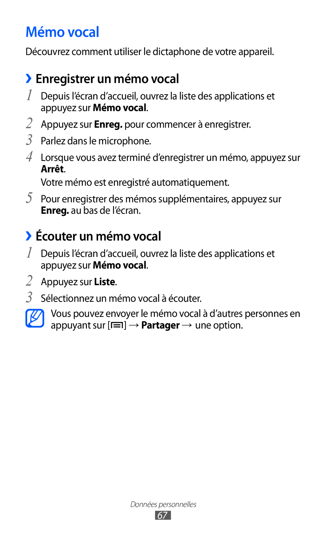 Samsung YP-GI1EW/XEF, YP-G1CW/XEF, YP-GI1CW/XEF manual Mémo vocal, ››Enregistrer un mémo vocal, ››Écouter un mémo vocal 