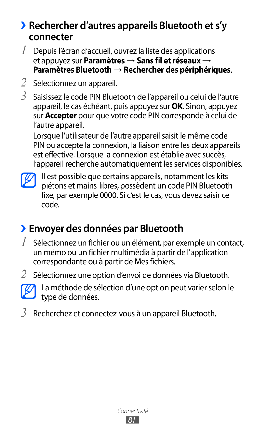 Samsung YP-G1CW/XEF manual ››Rechercher d’autres appareils Bluetooth et s’y connecter, ››Envoyer des données par Bluetooth 